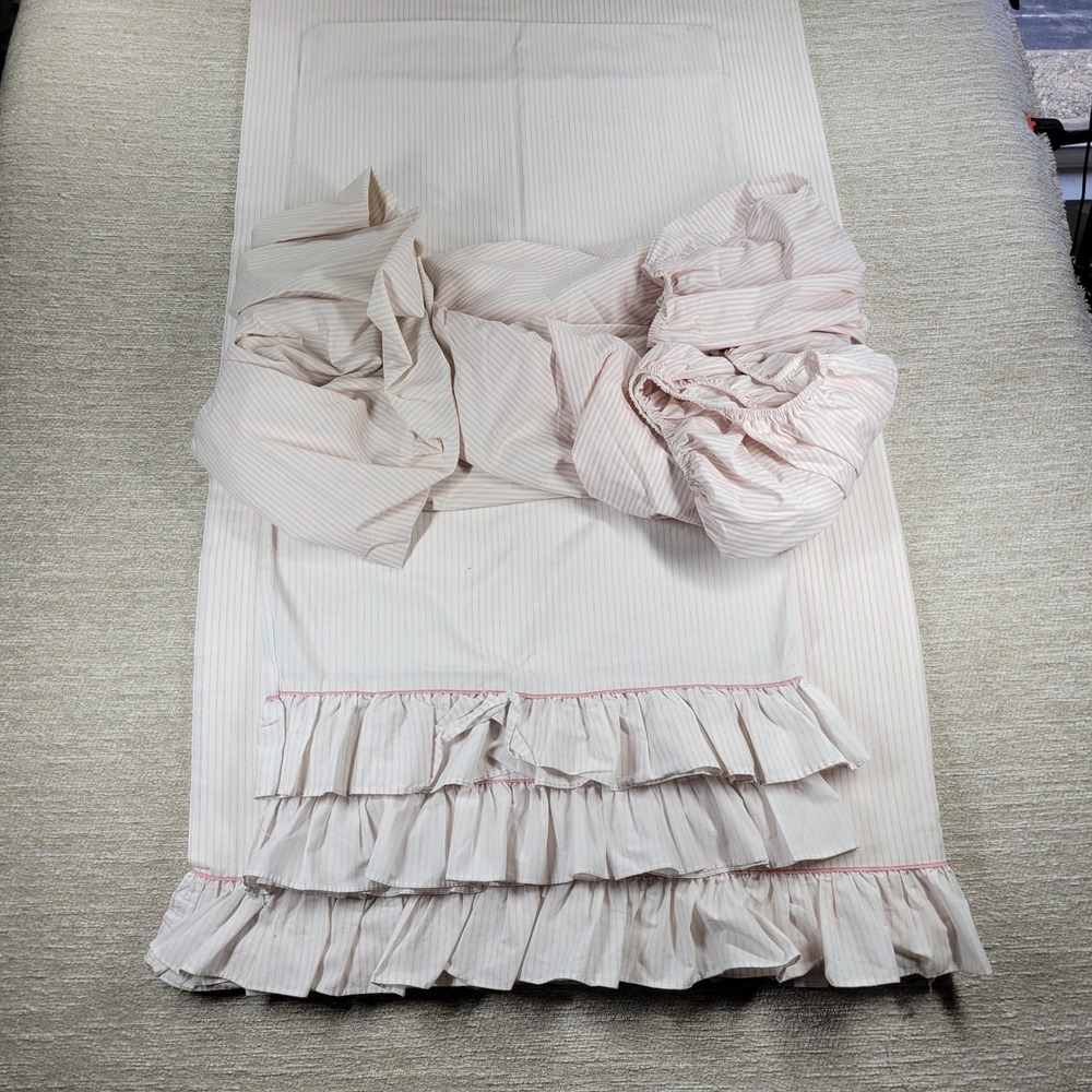 Laura Ashley Ticking Stripe King Sheet Set Pink Ruffle Bedding USA Made Vintage